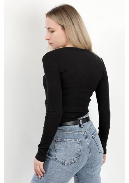 Kadın Düğmeli Uzun Kollu Kaşkorse Body Siyah - MS0000501