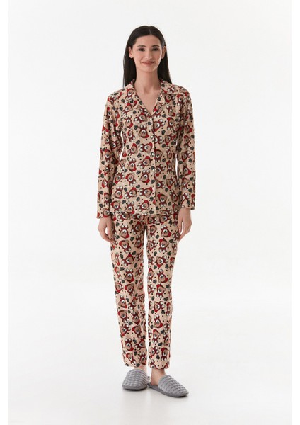 Ayıcık Desenli Gömlek Yaka Süet Pijama Takımı
