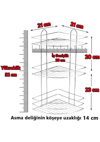 3 Katlı EkonomikPaslanmaz Banyo Köşe Rafı Şampuanlık Yapışkanlı Veya Vidalı Montaj Seçenek EK-03