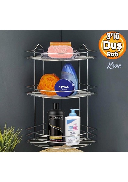 3 Katlı EkonomikPaslanmaz Banyo Köşe Rafı Şampuanlık Yapışkanlı Veya Vidalı Montaj Seçenek EK-03