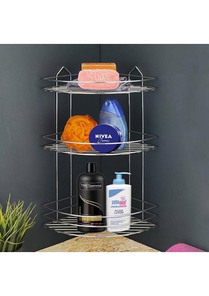 3 Katlı EkonomikPaslanmaz Banyo Köşe Rafı Şampuanlık Yapışkanlı Veya Vidalı Montaj Seçenek EK-03