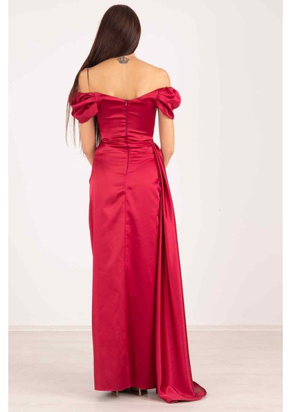 Bordo Drape Detaylı Saten Kumaş Abiye Elbise 9704858.04