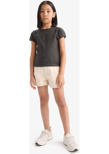 Kız Çocuk Slim Fit Dar Kesim Bisiklet Yaka Basic Düz Fitilli Kaşkorse Kısa Kollu Tişört B3053A825SM fiyatları