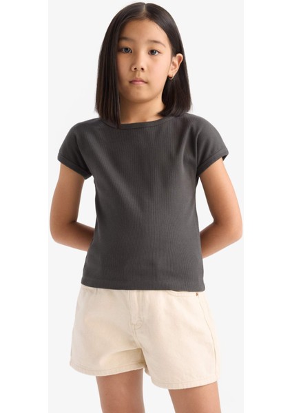 Kız Çocuk Slim Fit Dar Kesim Bisiklet Yaka Basic Düz Fitilli Kaşkorse Kısa Kollu Tişört B3053A825SM modelleri