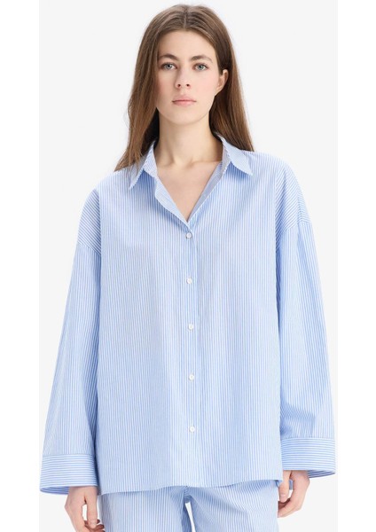 Çizgili Pijama Yaka Poplin Pijama Üstü-Fall in Love E3113AX25SP