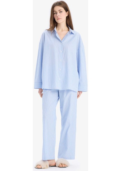 Çizgili Pijama Yaka Poplin Pijama Üstü-Fall in Love E3113AX25SP