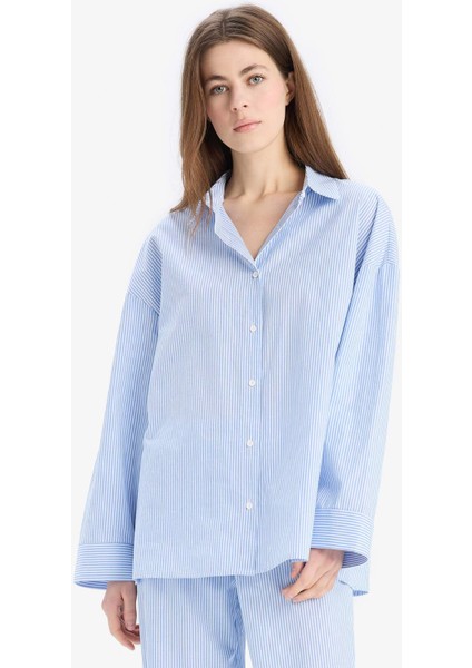 Çizgili Pijama Yaka Poplin Pijama Üstü-Fall in Love E3113AX25SP