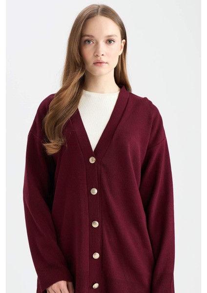 Relax Fit V Yaka Düğmeli Triko Bordo Hırka E6134AX24CW
