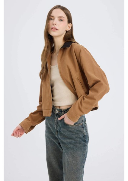 Regular Fit Kontrast Yakalı Fermuarlı Cepli Pamuklu Ceket Mont E6260AX25SP fırsatları