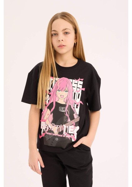 Kız Çocuk Relax Fit Bisiklet Yaka Baskılı Kısa Kollu Tişört E0353A825SM