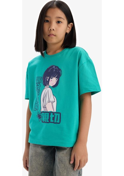 Kız Çocuk Oversize Geniş Kalıp Bisiklet Yaka Baskılı Kısa Kollu Tişört modelleri