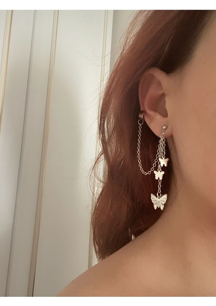 Zincirli Kelebek Tekli Kıkırdak Küpe