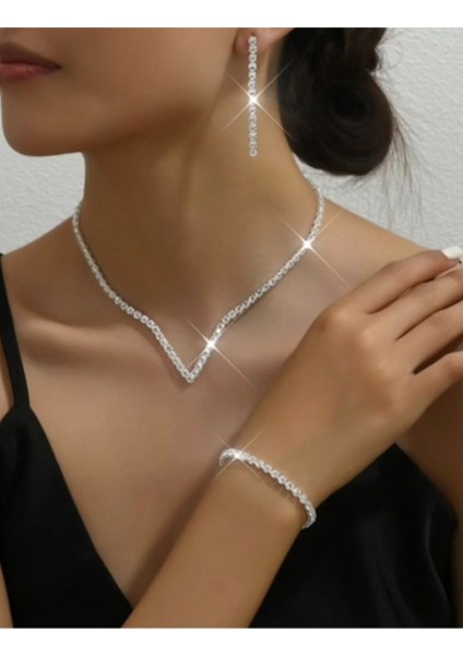 Kristal Taşlı Set Kolye Küpe Bileklik V Tasarım Gelinlik Seti Abiye Set