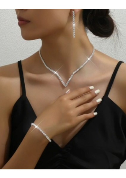 Kristal Taşlı Set Kolye Küpe Bileklik V Tasarım Gelinlik Seti Abiye Set fiyatları