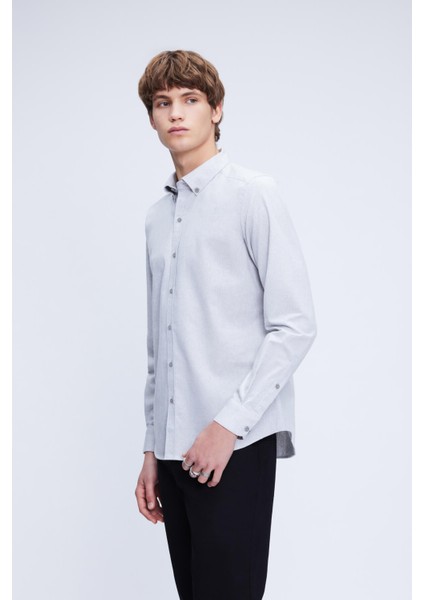 Gri Slim Fit Uzun Kollu Düğmeli Yaka Pamuklu Gömlek modelleri