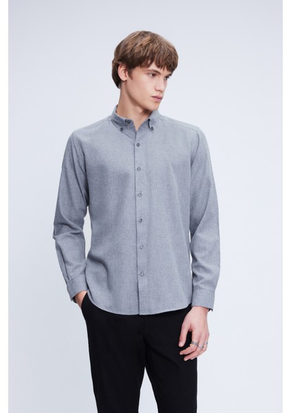 Gri Slim Fit Uzun Kol Düğmeli Yaka Flanel Gömlek