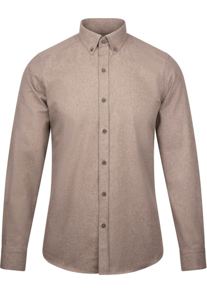 Kahverengi Slim Fit Uzun Kollu Düğmeli Yaka Pamuklu Gömlek
