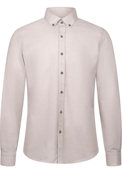 Bej Slim Fit Uzun Kollu Düğmeli Yaka Pamuklu Gömlek