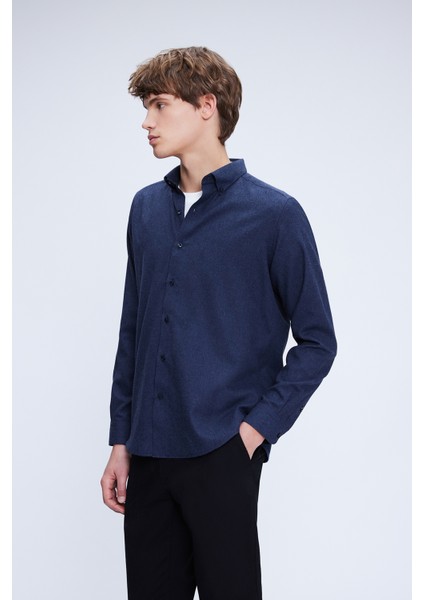 Lacivert Slim Fit Uzun Kol Düğmeli Yaka Flanel Gömlek modelleri