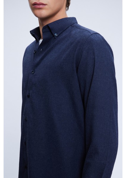 Lacivert Slim Fit Uzun Kol Düğmeli Yaka Flanel Gömlek fırsatları