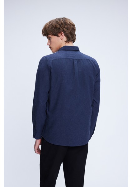 Lacivert Slim Fit Uzun Kol Düğmeli Yaka Flanel Gömlek indirimleri