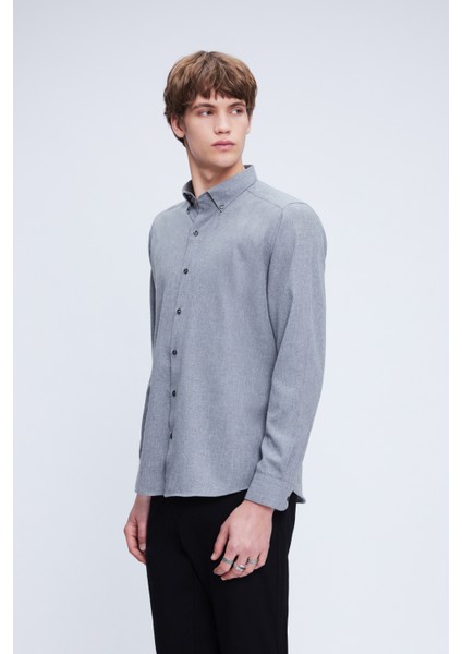 Gri Slim Fit Uzun Kol Düğmeli Yaka Flanel Gömlek modelleri