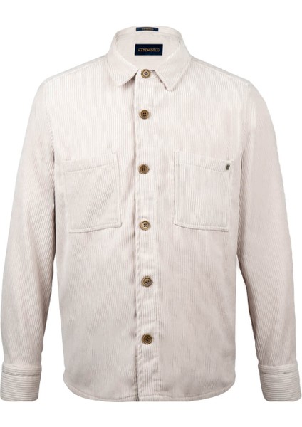 Bej Regular Fit Shacket Uzun Kol Fitilli Kadife Gömlek