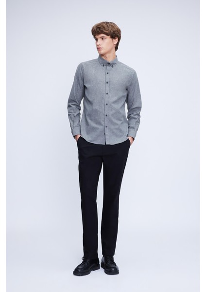 Gri Slim Fit Uzun Kollu Düğmeli Yaka Pamuklu Gömlek