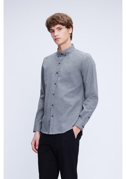 Gri Slim Fit Uzun Kollu Düğmeli Yaka Pamuklu Gömlek