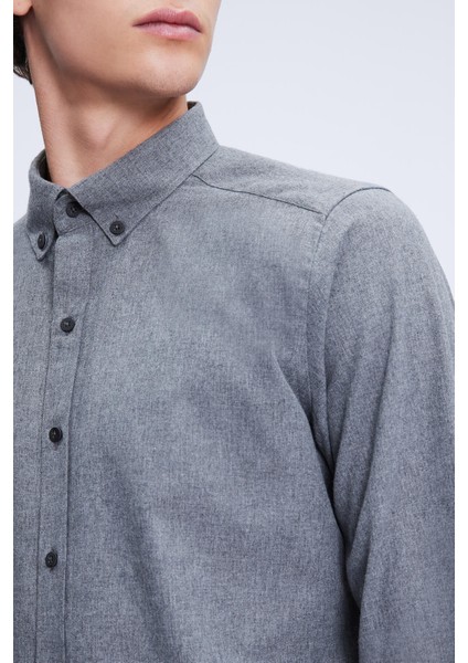Gri Slim Fit Uzun Kollu Düğmeli Yaka Pamuklu Gömlek