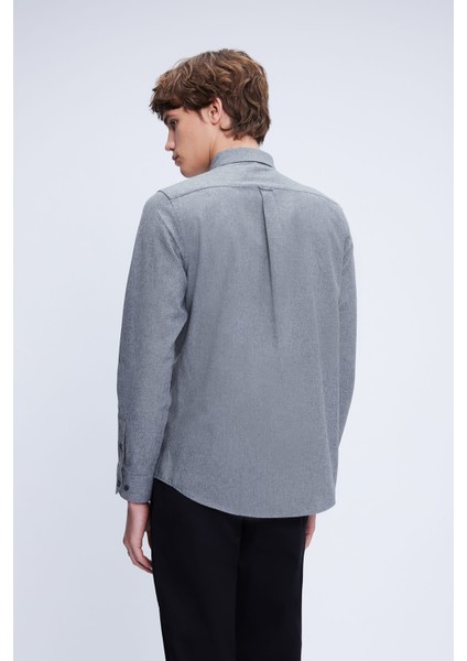 Gri Slim Fit Uzun Kollu Düğmeli Yaka Pamuklu Gömlek