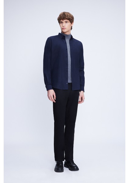Lacivert Slim Fit Uzun Kol Düğmeli Yaka Flanel Gömlek fiyatları