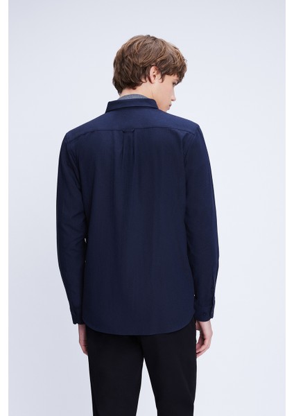 Lacivert Slim Fit Uzun Kol Düğmeli Yaka Flanel Gömlek indirimleri