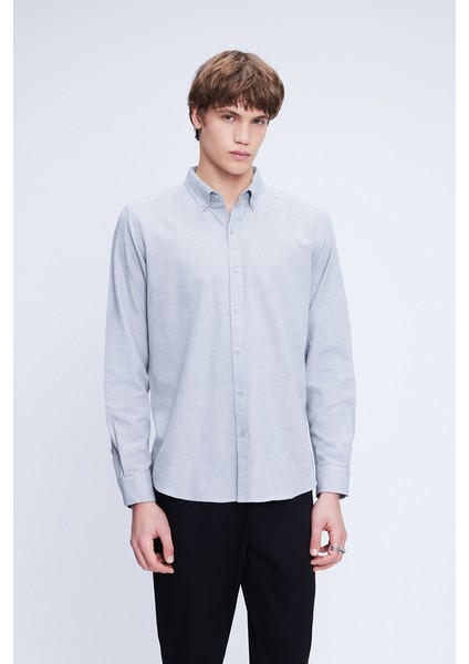 Gri Slim Fit Uzun Kol Düğmeli Yaka Flanel Gömlek