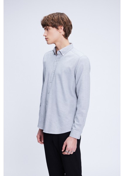 Gri Slim Fit Uzun Kol Düğmeli Yaka Flanel Gömlek modelleri