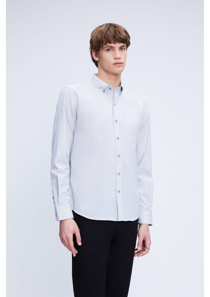 Gri Slim Fit Uzun Kollu Düğmeli Yaka Pamuklu Gömlek