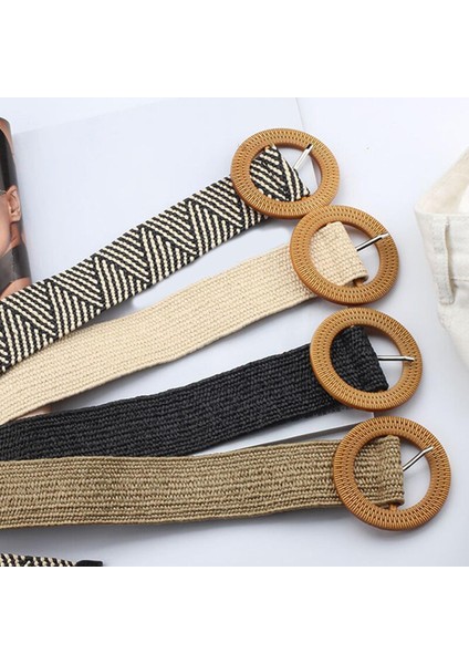 Bohemian Örgülü Bel Kemeri Kadın Yuvarlak Kare Toka Kemer Taklit Saman Dokuma Geniş Kemer Vintage Bayanlar Kemer (Yurt Dışından)