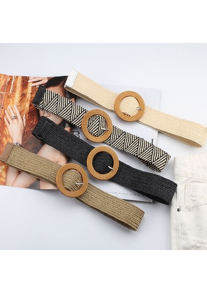 Bohemian Örgülü Bel Kemeri Kadın Yuvarlak Kare Toka Kemer Taklit Saman Dokuma Geniş Kemer Vintage Bayanlar Kemer (Yurt Dışından) fiyatları