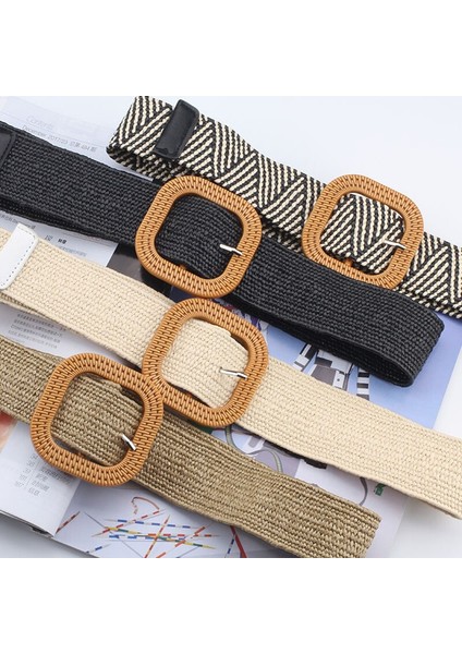 Bohemian Örgülü Bel Kemeri Kadın Yuvarlak Kare Toka Kemer Taklit Saman Dokuma Geniş Kemer Vintage Bayanlar Kemer (Yurt Dışından) indirimleri