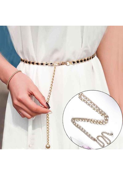 Kadın Moda Ayarlanabilir Renkli Metal Inci Boncuklu Ince Bel Kemeri (Yurt Dışından)