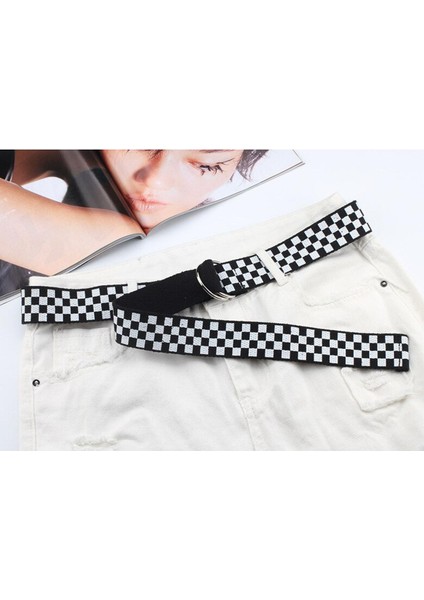 Moda Sokak Stili Kadın Punk Dama Tahtası Uzun Kemer D Halka Ekose Damalı Kemerler Kot Siyah Mavi Sarı Kanvas Kayış (Yurt Dışından)