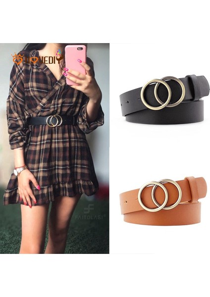 Kadın Çift Halkalı Kemer / Moda Bel Kemeri / Deri Metal Pin Tokalı Kemerler / Bayanlar Çift Daire Düğme Kemer Giymek Için Eğlence Kot Elbise (Yurt Dışından)