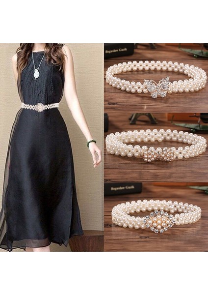 Kadın Zarif Yapay Elmas Inci Elastik Kemer / Metal Tokalı Elastik Bel Zincir Kemer (Yurt Dışından)