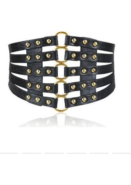 2021 Marka Tasarım Vintage Metal Halka Altın Bayanlar Kadın Kemerler Kadın Moda Perçin Geniş Bel Elastik 5 Sapanlar Pu Kemer (Yurt Dışından)