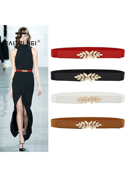 Streç Sıska Elbise Kemer Elastik Yaprak Şekli Kadın Bel Kemeri Altın Toka Moda Kemer Kayışı Beyaz Siyah Kadın Kemer (Yurt Dışından)