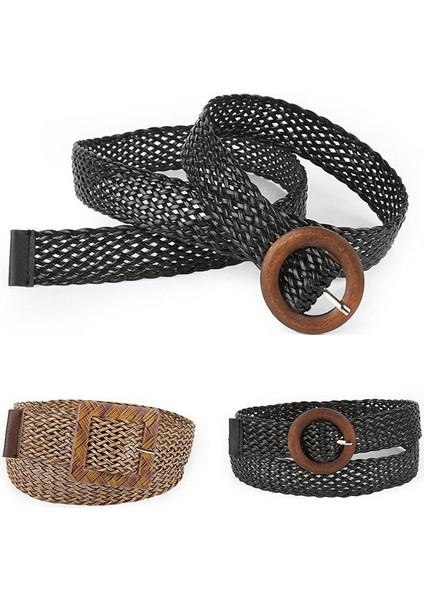 Vintage Boho Yuvarlak Kare Toka Dekoratif Geniş Kemer Kadın Örgü Kemer Nefes Içi Boş Dokuma Kemer Saman Örme Elastik (Yurt Dışından) modelleri