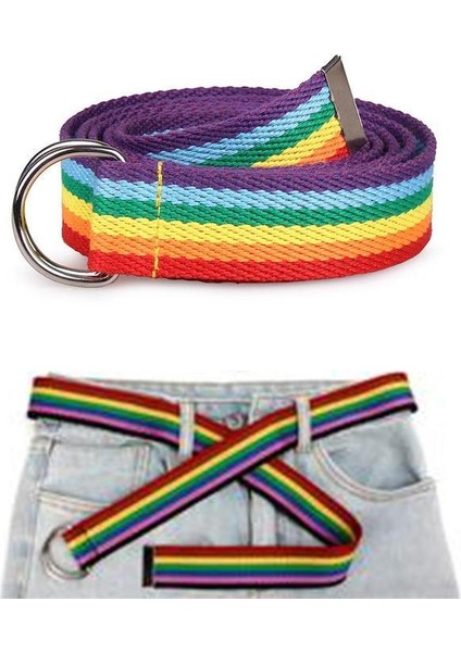 Moda Rahat Gökkuşağı Renkli Kadın Kemeri Çift Halkalı D-Buck Gökkuşağı Şerit Kanvas Ince Sıkı Kemer Aksesuarları Dekoratif Blet (Yurt Dışından) fiyatları