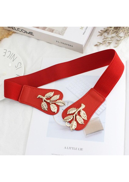 Yeni Moda Yaprak Kemerler Kadınlar Için Sıkı Bayan Elastik Kuşaklar Koyu Mavi Kemer Elbise Altın Çift Metal Toka Kemer (Yurt Dışından)