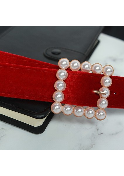 Lookloland Moda Trendy Kırmızı Kadife Inci Düğme Kadın Kemer Inci Toka Flanel Kayısı Kuşak Kızlar Için Lüks Elbise Ceinture (Yurt Dışından) indirimleri