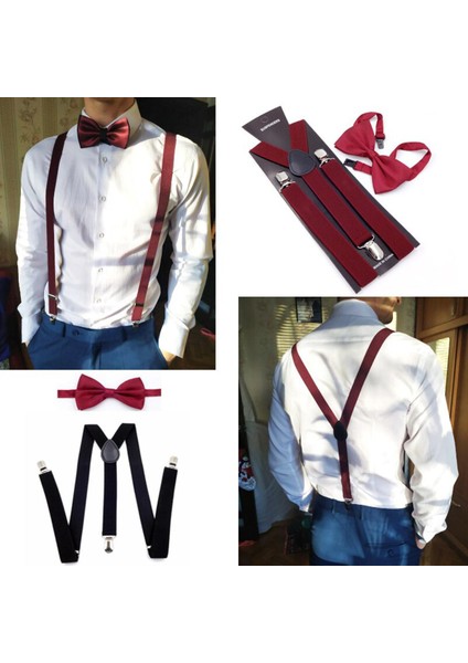Lookloland Düz Renk Adamın Kemer Papyon Seti Erkek Kadın Jartiyer Polyester Y-Geri Parantez Papyon Ayarlanabilir Elastik Düğün Kravat Aksesuarla (Yurt Dışından)